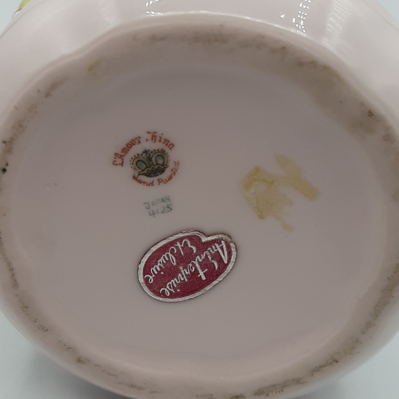 Vintage L'Amour Majolica Apples & Blossoms Pink Pinched Ruffled Top Vase Japan - Picture 8 of 9